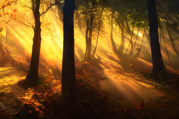 Naklejka premium Sunlight in an autumn forest. 