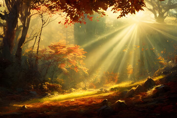 Sunlight in an autumn forest. 