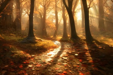 Obraz premium Sunlight in an autumn forest. 