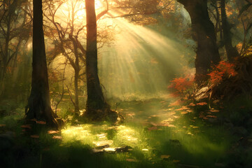 Obraz premium Sunlight in an autumn forest. 