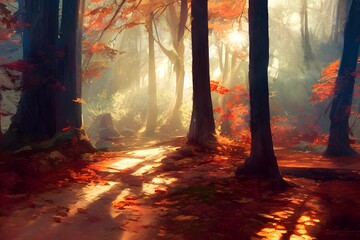 Sunlight in an autumn forest. 