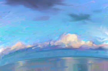 Landscape sunrise with sea waves and clouds hand drawn watercolour textured sketch illustration, trendy colours, cute wallpaper 