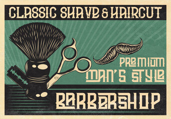 A barbershop poster with a shaving brush and straight razors