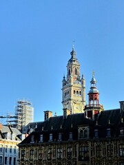 Lille, September 2022: Magnificent facades of the buildings of Lille, the capital of Flanders - Historic Monument : Belfry