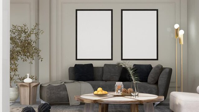 Stylish living room interior of modern apartment and trendy furniture, photo frame, and elegant accessories. Home decoration. Template, 4K 3D rendering, 3D illustration animation