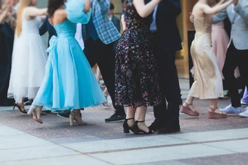 Poster Dance School High school graduates dancing waltz and classical ball dance in dresses and suits on school prom graduation, classical ballroom dancers dancing, waltz, quadrille and polonaise