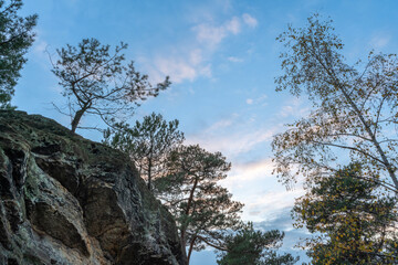 Blick auf eine Felswand, Berg im Wald. Blauer Himmel im Herbst