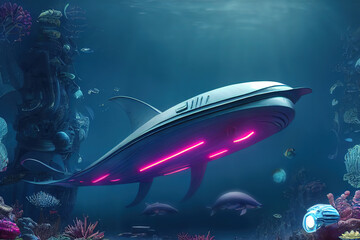 Obraz premium 3 D render. A futuristic biomechanical whale. Cyberpunk Creature