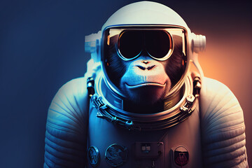 3D render. A monkey in a futuristic suit uses a VR helmet. Futuristic space portal hero