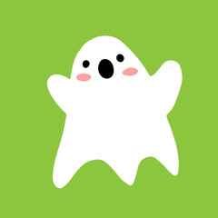 A frightened ghost in cartoon style isolated on a green background. Vector Halloween illustration.