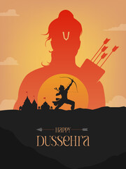 Happy Dussehra text with an illustration of Lord Rama and temple background for Indian festival Dussehra banner, template, card design