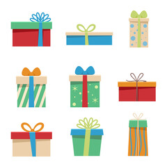 Collection set of Gift boxes. Christmas Present box. Vector illustration cartoon flat design.