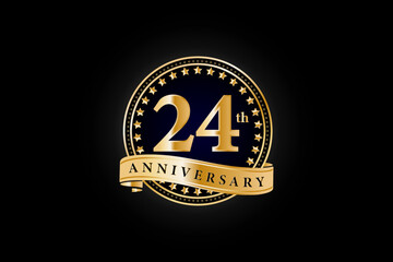 24th anniversary golden gold logo with gold ring and ribbon isolated on black background, vector design for celebration.