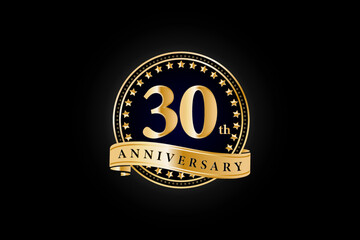 30th anniversary golden gold logo with gold ring and ribbon isolated on black background, vector design for celebration.