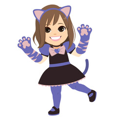 Fototapeta premium Cute little girl wearing cat costume with big kitty paw gloves celebrating Halloween holiday