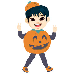 Cute baby boy in Halloween pumpkin costume. Little cartoon kid dressed as food