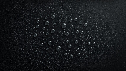 Water. Black background with raindrops. Macro. Top view.