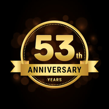 53th anniversary, anniversary celebration template design with gold ribbon. Logo vector illustration