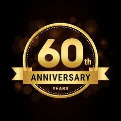 60th anniversary, anniversary celebration template design with gold ribbon. Logo vector illustration