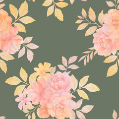 bouquets of flowers with leaves, seamless pattern for design on a green background isolate.