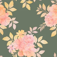 Behang bouquets of flowers with leaves, seamless pattern for design on a green background isolate. © Sergei