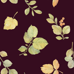 Seamless botanical pattern. Autumn leaves painted in watercolor and isolated on a colored background.