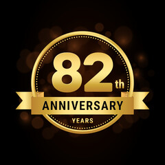 82th anniversary, anniversary celebration template design with gold ribbon. Logo vector illustration