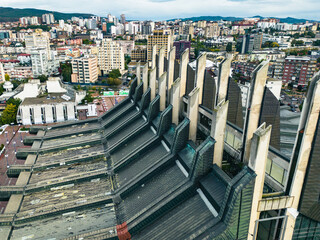 Fototapeta premium Pristina Modern City Center and Residential Buildings. Aerial View over Capital of Kosovo. Balkans. Europe. 