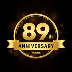 89th anniversary, anniversary celebration template design with gold ribbon. Logo vector illustration