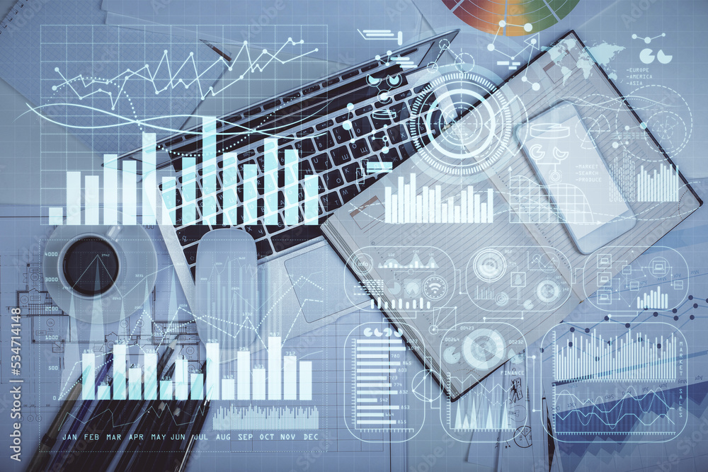 Poster Multi exposure of forex chart drawing over table background with computer. Concept of financial research and analysis. Top view.
