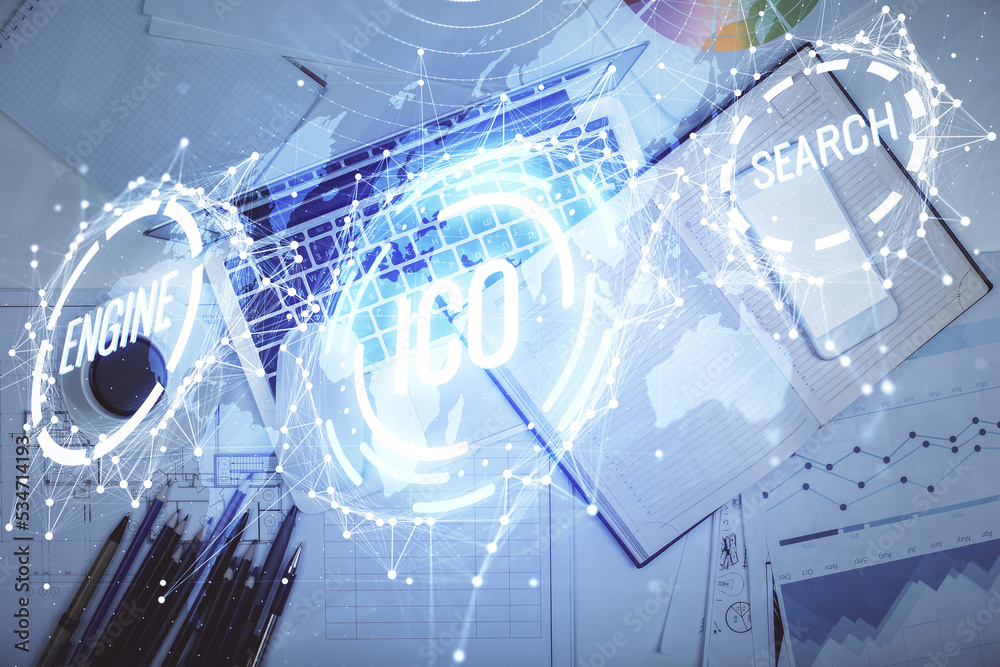 Poster Blockchain theme hologram drawings over computer on the desktop background. Top view. Multi exposure. Concept of cryptoeconomy.