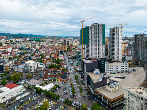 Pristina Modern City Center and Residential Buildings. Aerial View over Capital of Kosovo. Balkans. Europe. 