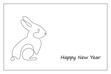 Rabbit drawn in one continuous line and inscription Happy New year. Greeting banner or postcard. Minimalist black linear sketch. Vector illustration.