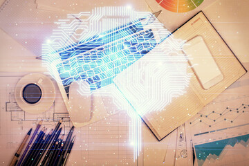 Multi exposure of brain sketch hologram over topview work table background with computer. Concept of big data.