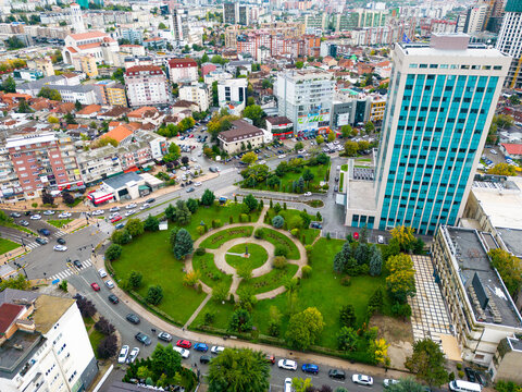 Pristina Modern City Center and Residential Buildings. Aerial View over Capital of Kosovo. Balkans. Europe. 