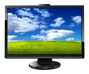 Monitor tv isolated, 3d icon with green grass and clouds on screen illustration.