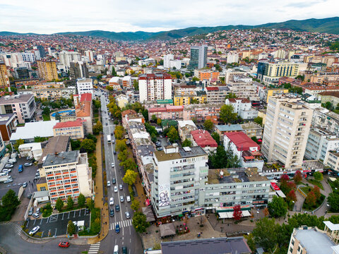 Pristina Modern City Center and Residential Buildings. Aerial View over Capital of Kosovo. Balkans. Europe. 