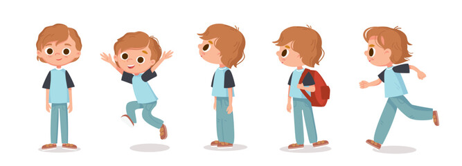 Vector set. Little boy with big eyes and long brown red hair in various poses. Standing, jumping and walking. Cartoon characters. © olgache