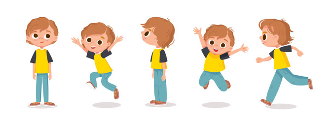 Vector set. Little boy with big eyes and long brown red hair in various poses. Standing, jumping and walking. Cartoon characters. © olgache