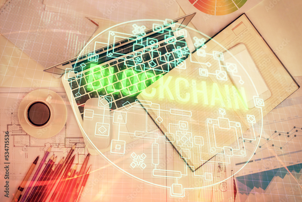 Poster Blockchain theme hologram drawings over computer on the desktop background. Top view. Multi exposure. Concept of cryptoeconomy.