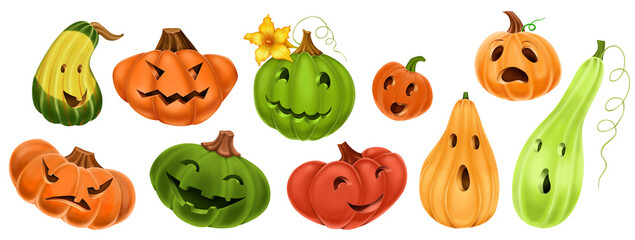 Digital illustration. Pumpkin clip art. Ten pumpkins of different shapes and colors. For Halloween decoration.