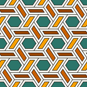 Hexagonal seamless pattern. Mosaic tiles. Geometrical wallpaper. Honeycomb print. Ethnic ornament illustration. Wicker background. Flooring image. Digital paper. Geometric backdrop. Ethnical vector.
