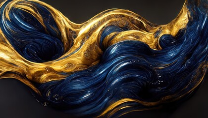 Mixing liquid dark blue and gold paint, beautiful waves and streaks of acrylic paint, fluid art. Marble paint, ink. Aquamarine pigment. 3D illustration. - obrazy, fototapety, plakaty