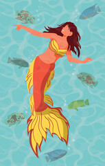 Fototapeta na wymiar Cute mermaid girl swimming in sea ocean water. Cartoon girl siren playing in the Sea or Ocean. Underwater princesses. Flat Vector Illustration