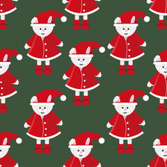 Seamless pattern with bunny in red santa claus costume, hat and boots on green background. Set with symbol of 2023. Wrapping paper with rabbit.
