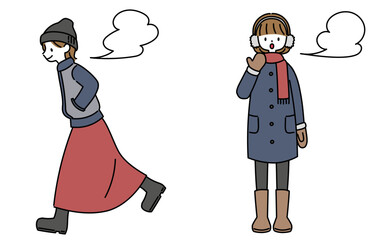 冬服で白い息を吐く女性