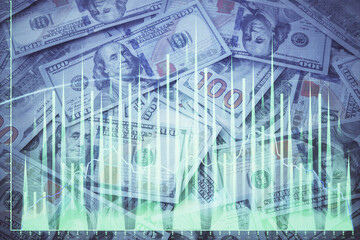 Double exposure of forex graph drawing over us dollars bill background. Concept of financial markets.