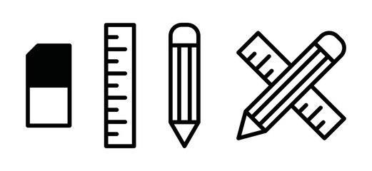 pencil, ruler and eraser icon vector set. Crossed pencil or pen with ruler sign symbol illustration