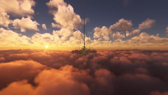 City of the future at sunset. Front aerial shot above the clouds of a sci-fi city