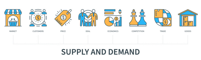 Supply and demand concept with icons in minimal flat line style